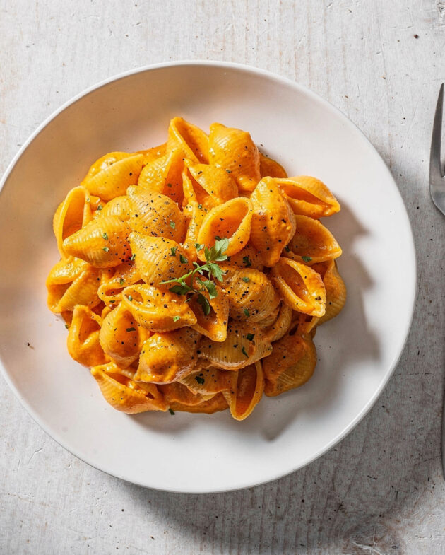 A creamy, golden serving of butternut squash mac and cheese in a white bowl on a rustic table.