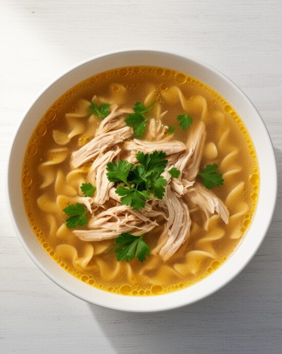 A steaming bowl of homemade campbell's homestyle soup with tender chicken and vegetables.