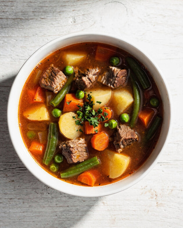 A beautifully styled bowl of upgraded Campbell's vegetable beef soup with fresh herbs on a rustic wooden table.