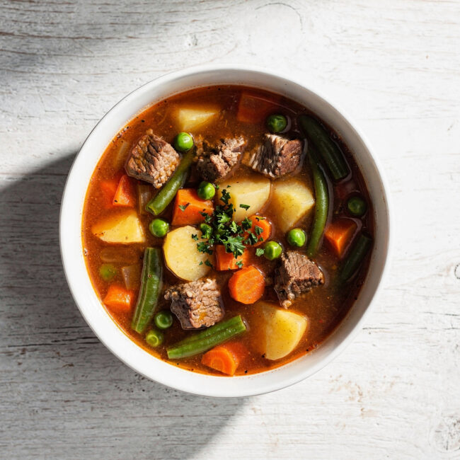 A beautifully styled bowl of upgraded Campbell's vegetable beef soup with fresh herbs on a rustic wooden table.
