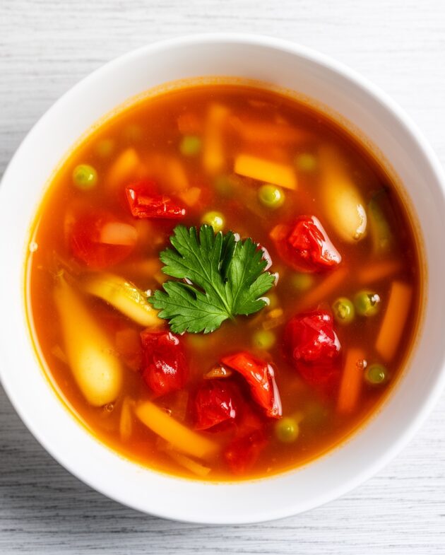 A warm, inviting bowl of homemade-style Campbell's vegetable soup, steaming gently on a rustic wooden table.