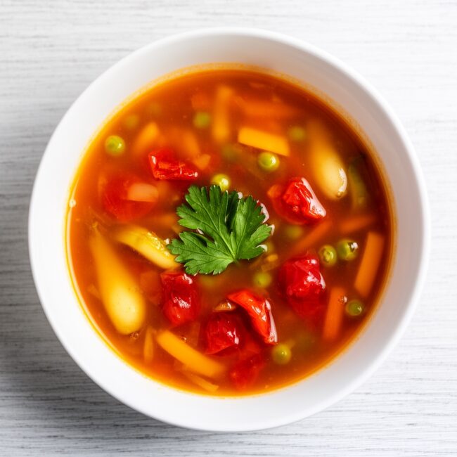 A warm, inviting bowl of homemade-style Campbell's vegetable soup, steaming gently on a rustic wooden table.