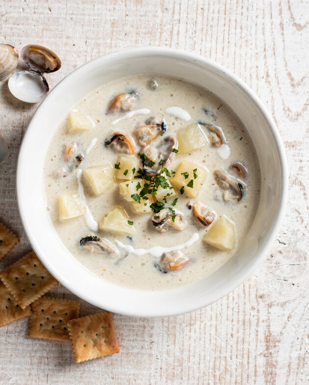 A simple, delicious bowl of upgraded canned New England clam chowder, ready in minutes.