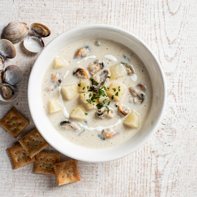 A simple, delicious bowl of upgraded canned New England clam chowder, ready in minutes.