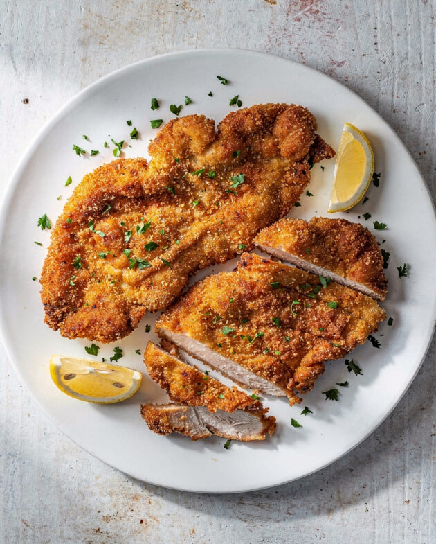 Crispy, golden-brown chicken cutlets plated elegantly on a wooden board with lemon wedges.
