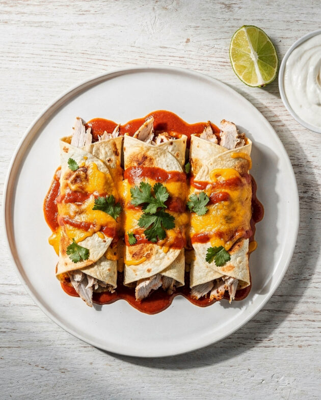 A beautifully baked pan of this chicken enchilada recipe, covered in melted cheese and fresh cilantro.