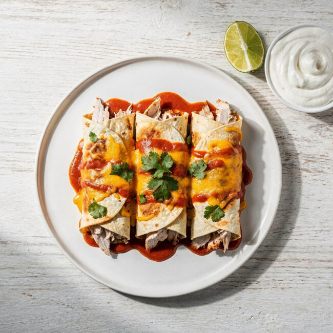 A beautifully baked pan of this chicken enchilada recipe, covered in melted cheese and fresh cilantro.