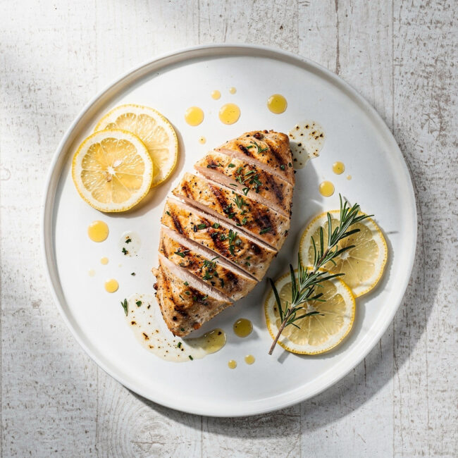 A vibrant top-down photo showcasing the ingredients for delicious chicken marinade recipes, featuring fresh herbs and lemon.
