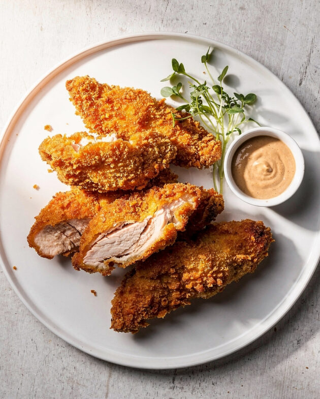 A heaping platter of golden-brown, crispy chicken strips on a wooden board, ready for dipping.