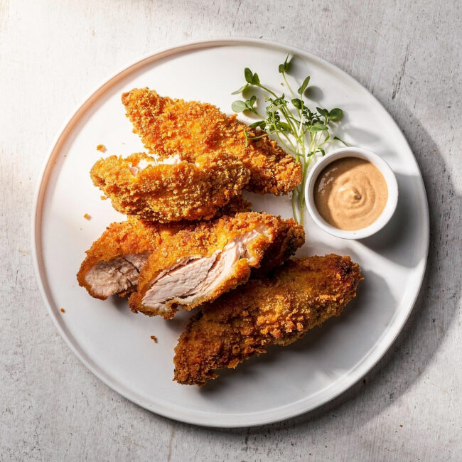 A heaping platter of golden-brown, crispy chicken strips on a wooden board, ready for dipping.