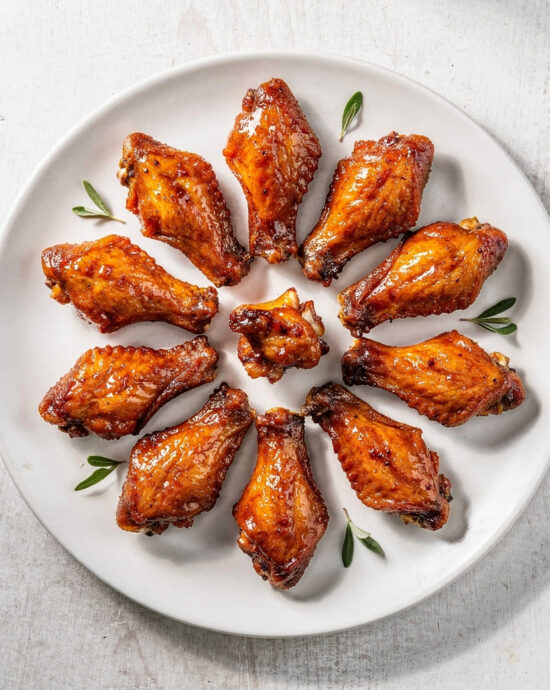 A platter of perfectly crispy baked chicken wings with a golden crust, ready for dipping.