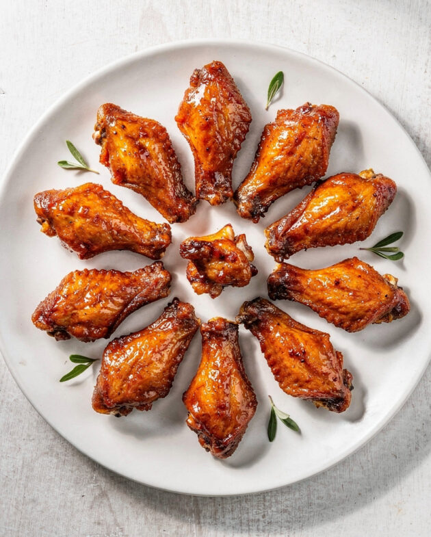 A platter of perfectly crispy baked chicken wings with a golden crust, ready for dipping.