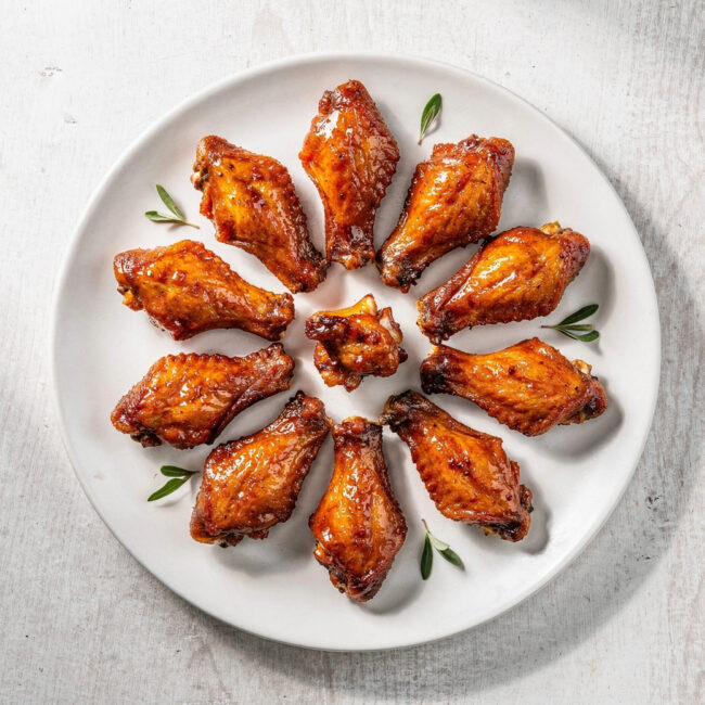 A platter of perfectly crispy baked chicken wings with a golden crust, ready for dipping.