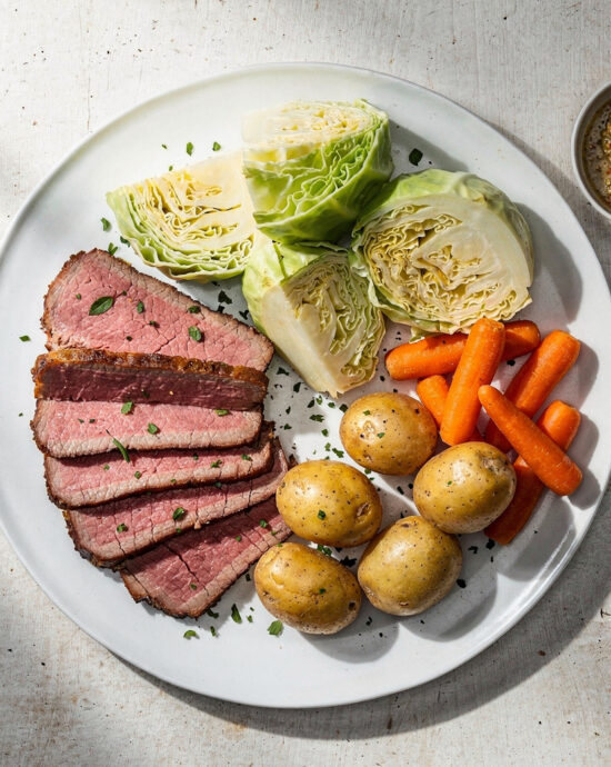 A perfectly plated corned beef and cabbage recipe, showcasing tender slices of beef and glazed vegetables on a white plate.