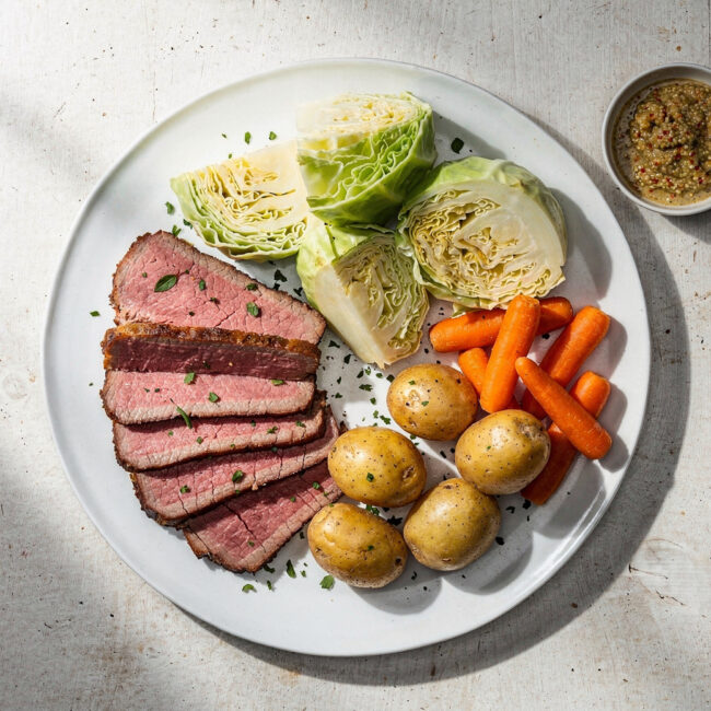 A perfectly plated corned beef and cabbage recipe, showcasing tender slices of beef and glazed vegetables on a white plate.