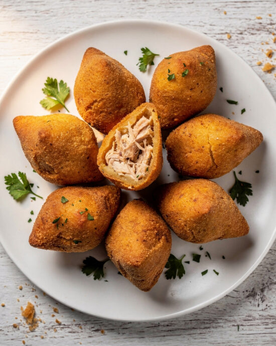 A golden-brown plate of freshly fried coxinha brazilian food, ready to be enjoyed.