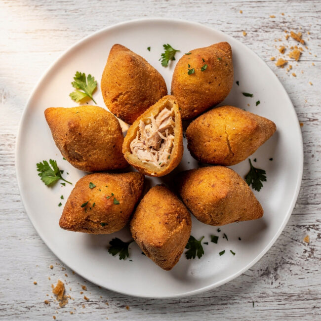 A golden-brown plate of freshly fried coxinha brazilian food, ready to be enjoyed.