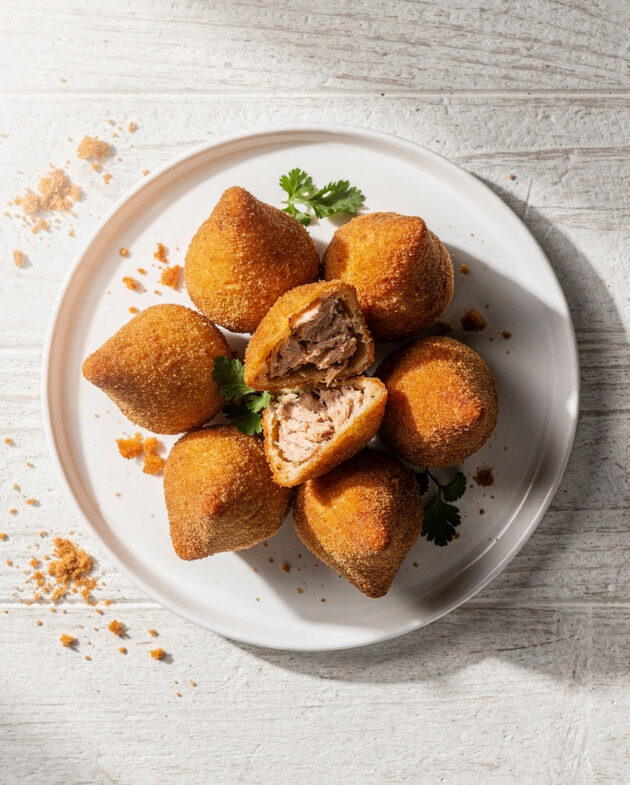 A platter of golden-brown coxinha recipe, showcasing their perfect teardrop shape on a rustic wooden table.