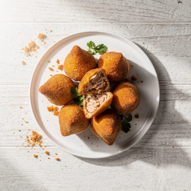 A platter of golden-brown coxinha recipe, showcasing their perfect teardrop shape on a rustic wooden table.