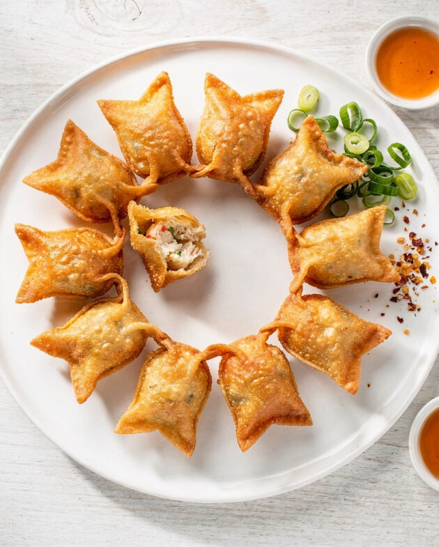 A golden platter of freshly fried crab rangoon recipe, showcasing their crisp texture and creamy filling.