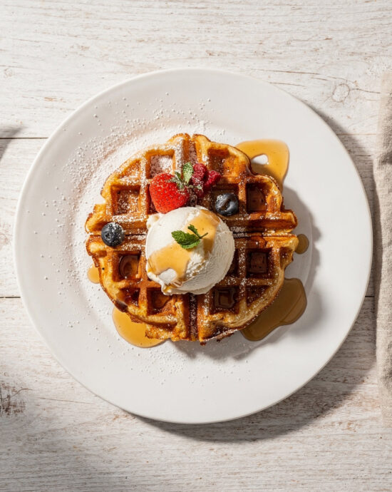 Golden, crispy dessert waffles recipe with whipped cream and berries, photographed from above.