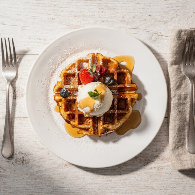 Golden, crispy dessert waffles recipe with whipped cream and berries, photographed from above.