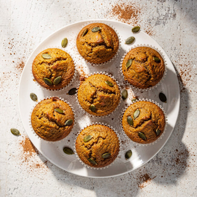 A batch of golden brown easy cake mix pumpkin muffins cooling on a wire rack.