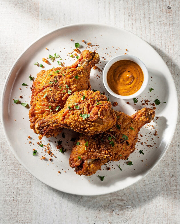 A golden-brown batch of fried chicken recipe pieces arranged on a rustic wooden board.