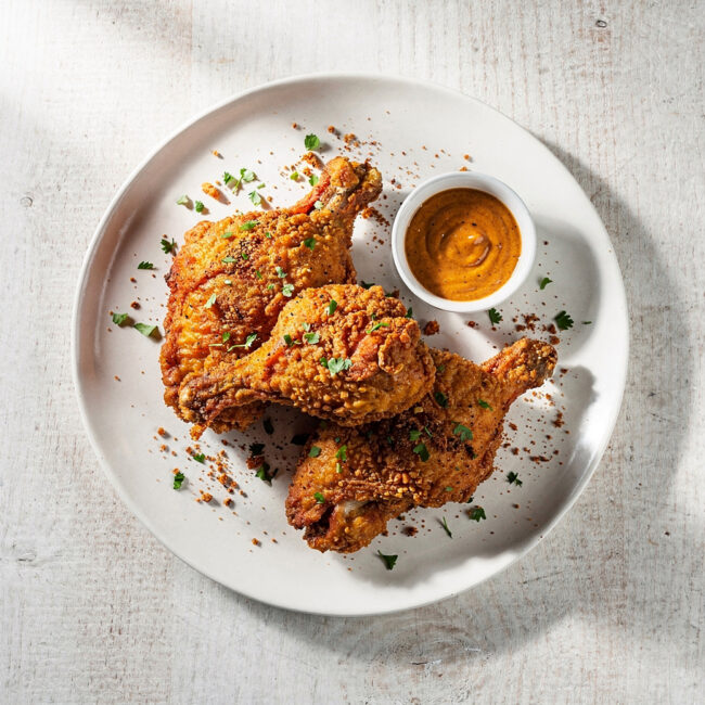 A golden-brown batch of fried chicken recipe pieces arranged on a rustic wooden board.