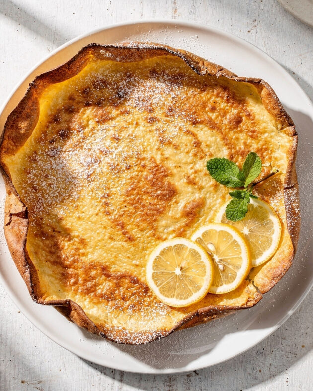 A golden, puffed german pancake recipe fresh from the oven, dusted with powdered sugar.