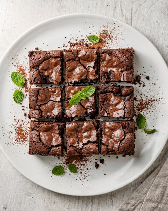 A warm, inviting pan of dense brownies made from Ghirardelli brownie mix, showing a crackly top and fudgy interior.