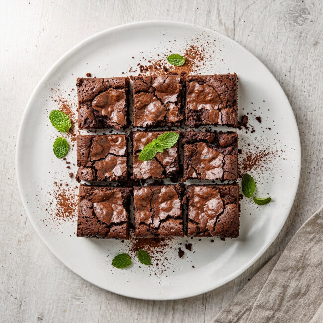 A warm, inviting pan of dense brownies made from Ghirardelli brownie mix, showing a crackly top and fudgy interior.