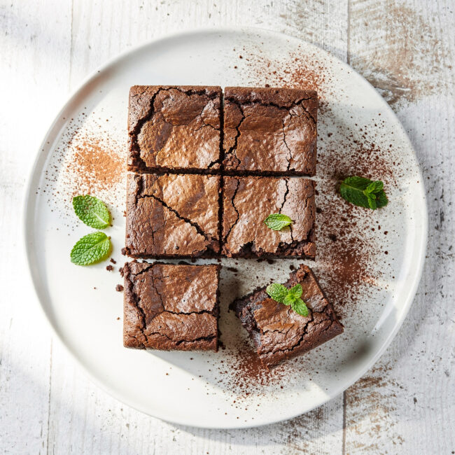 A close-up, overhead shot of a pan of freshly baked gluten free brownies with a cracked, shiny top.