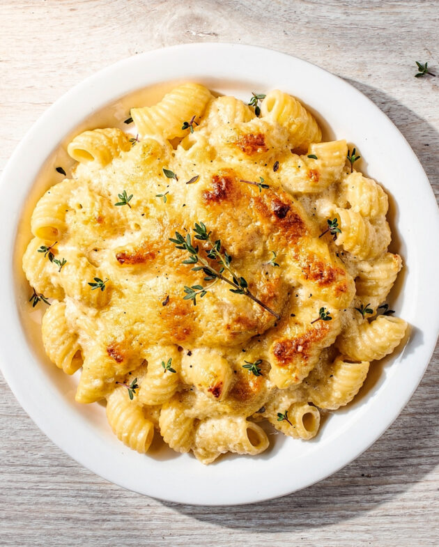 A creamy, golden-brown baked gluten free mac and cheese in a cast iron skillet, ready to serve.