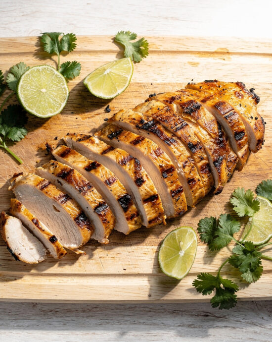 A beautifully plated grilled chicken breast recipe with a golden glaze on a rustic wooden board.