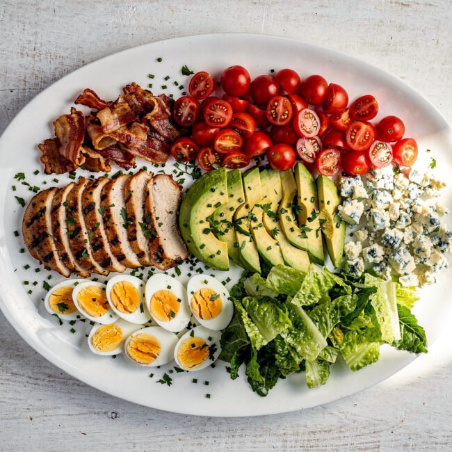 A beautifully plated grilled chicken cobb salad with neat rows of colorful ingredients on a light wood background.
