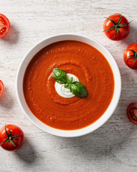 A vibrant bowl of homemade tomato soup with fresh tomatoes, garnished with basil and a swirl of cream, sits on a rustic wooden table.