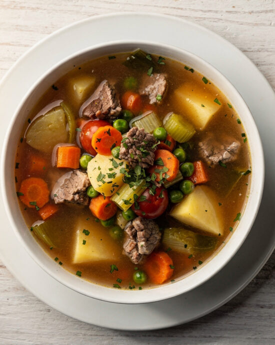A steaming bowl of hearty homemade vegetable beef soup filled with tender beef and colorful vegetables.