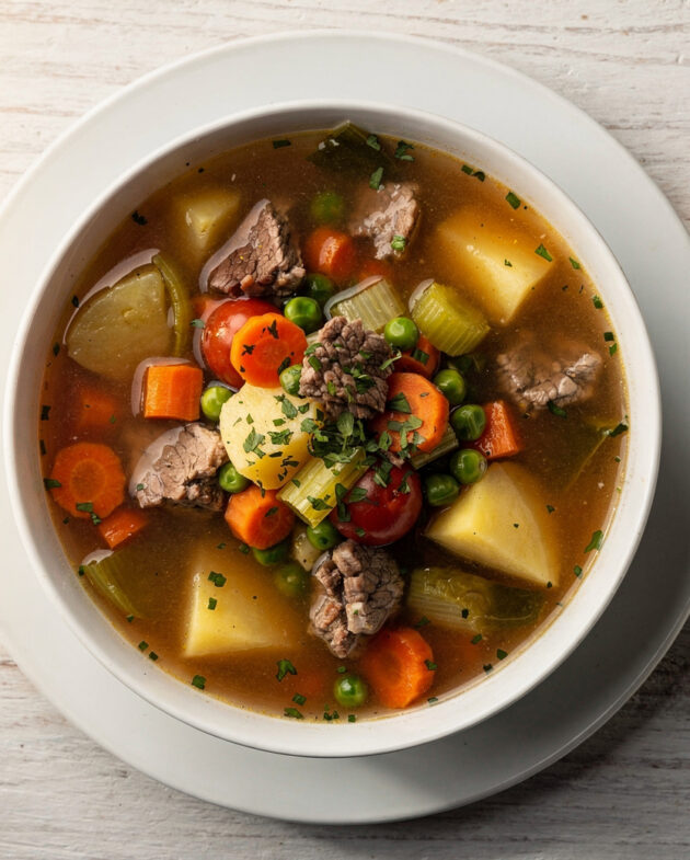 A steaming bowl of hearty homemade vegetable beef soup filled with tender beef and colorful vegetables.