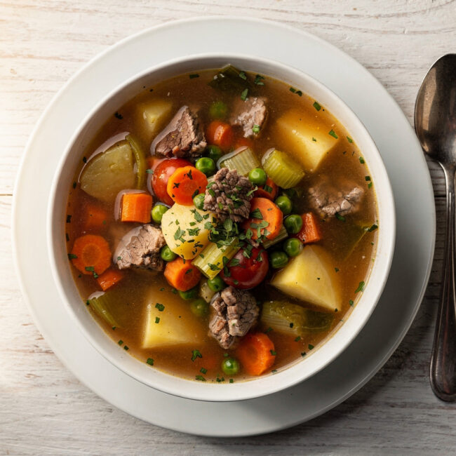 A steaming bowl of hearty homemade vegetable beef soup filled with tender beef and colorful vegetables.