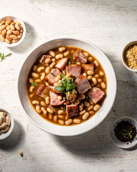 A rustic bowl of steaming honey baked ham bean soup mix, topped with fresh herbs, sits on a wooden table.
