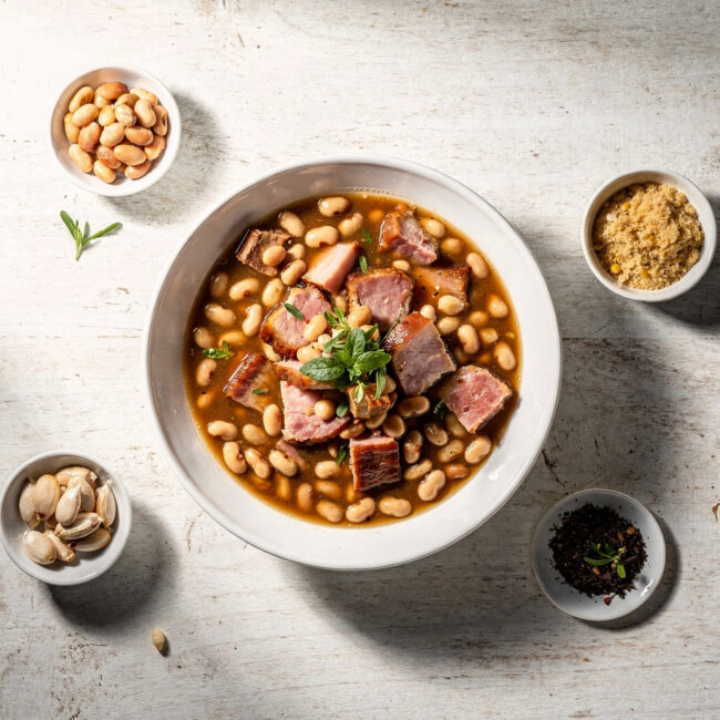 A rustic bowl of steaming honey baked ham bean soup mix, topped with fresh herbs, sits on a wooden table.