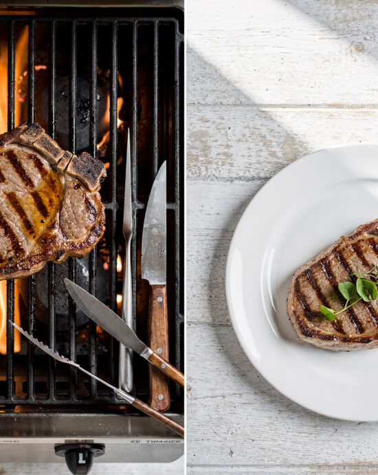 Perfectly grilled pork chops resting on a wooden board, showcasing the ideal results for how to grill a pork chop on a gas grill.
