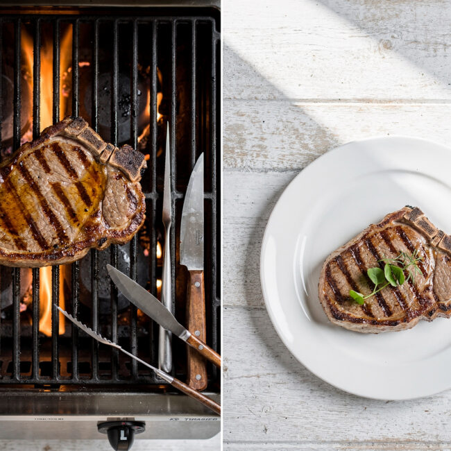 Perfectly grilled pork chops resting on a wooden board, showcasing the ideal results for how to grill a pork chop on a gas grill.