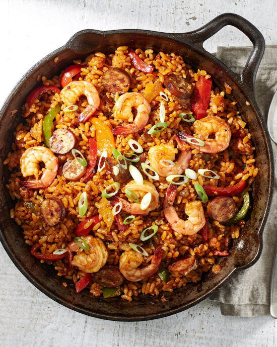 A vibrant overhead shot of the finished jambalaya recipe, showcasing the mix of chicken, sausage, and rice.