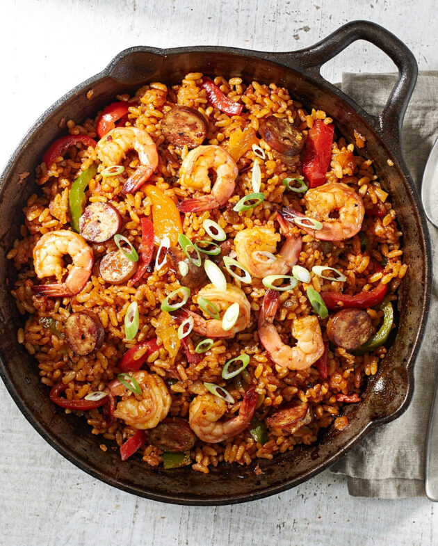 A vibrant overhead shot of the finished jambalaya recipe, showcasing the mix of chicken, sausage, and rice.