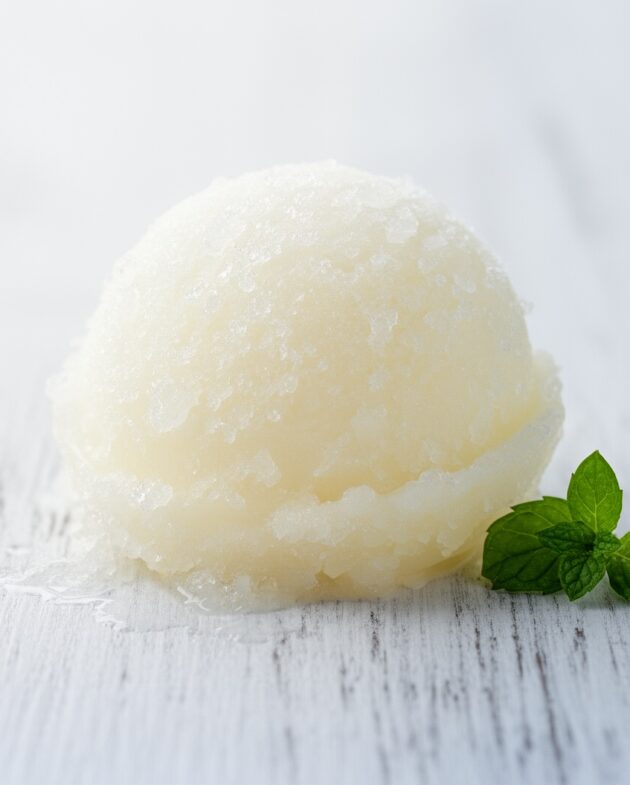 A refreshing bowl of lemonade sorbet strain served with a sprig of mint.