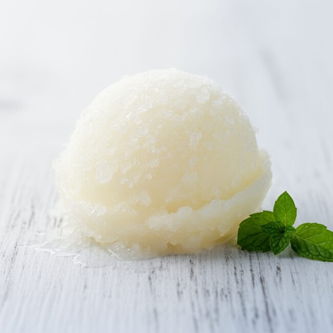 A refreshing bowl of lemonade sorbet strain served with a sprig of mint.