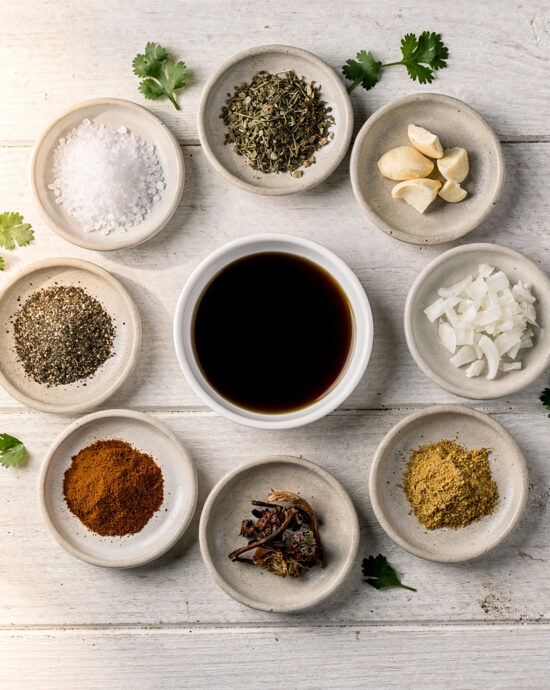 A close-up shot of the key maggi seasoning ingredients for a savory soup.