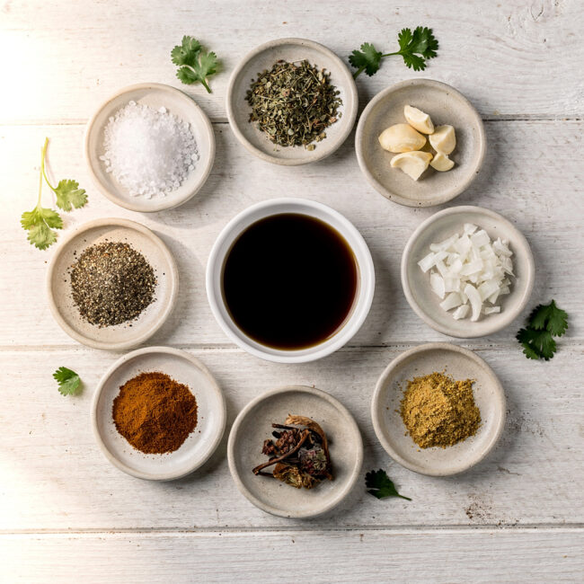 A close-up shot of the key maggi seasoning ingredients for a savory soup.
